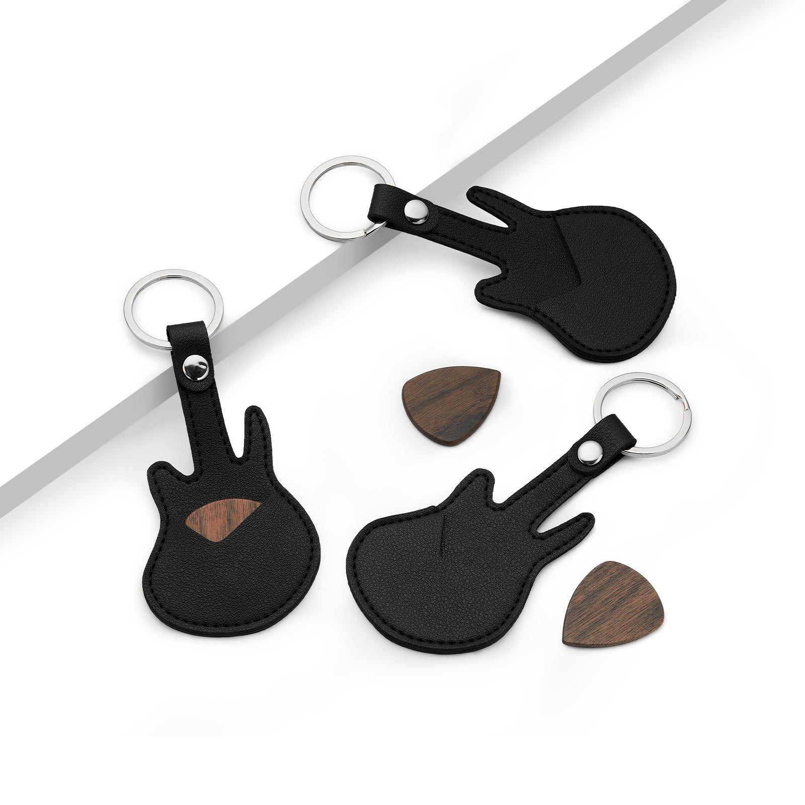 Guitar-Shaped Keychain Holder with Wooden Pick (3pcs)