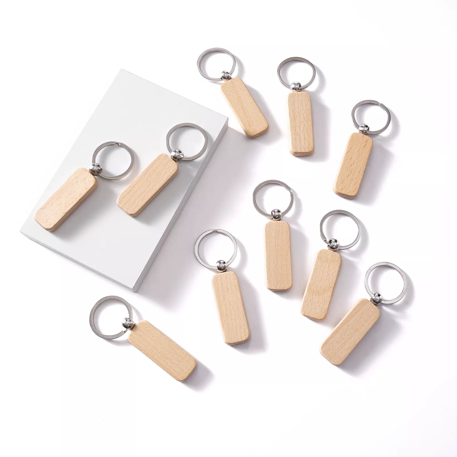 Rounded Rectangle Strip Wooden Keychain (10pcs)