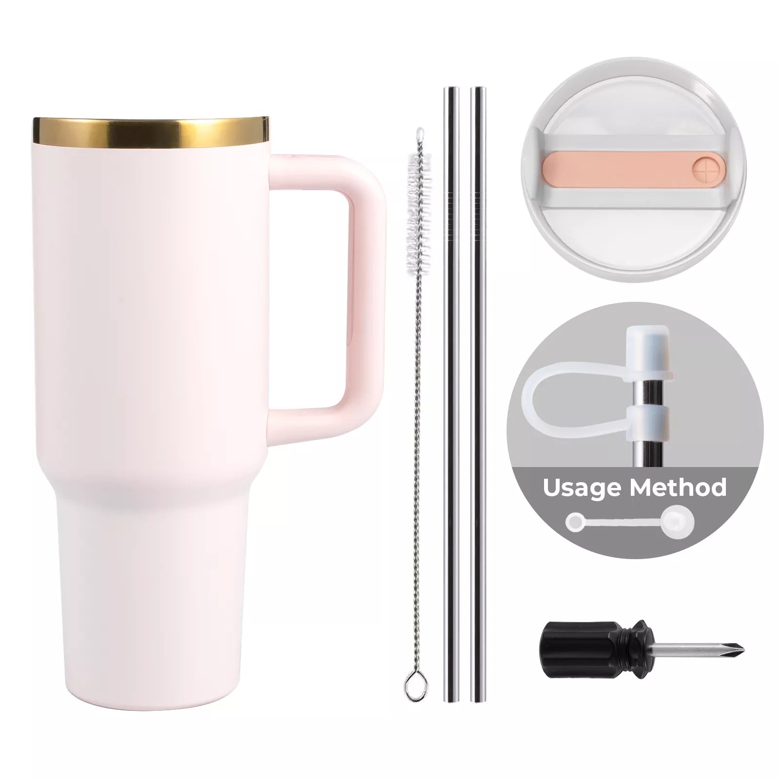 Pink to Gold Stainless Steel Tumbler with Handle (40oz)