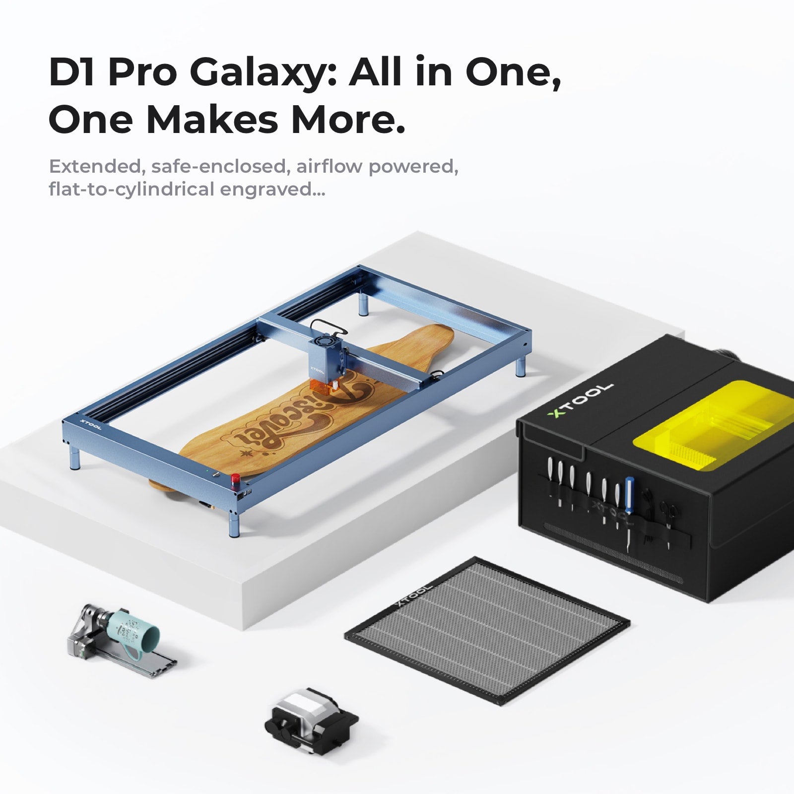 xTool D1 Pro 2.0でスケートボードを彫刻する様子と、エンクロージャー・ハニカムパネル・RA2 Pro・エアアシストの拡張エコシステム俯瞰（公式画像）