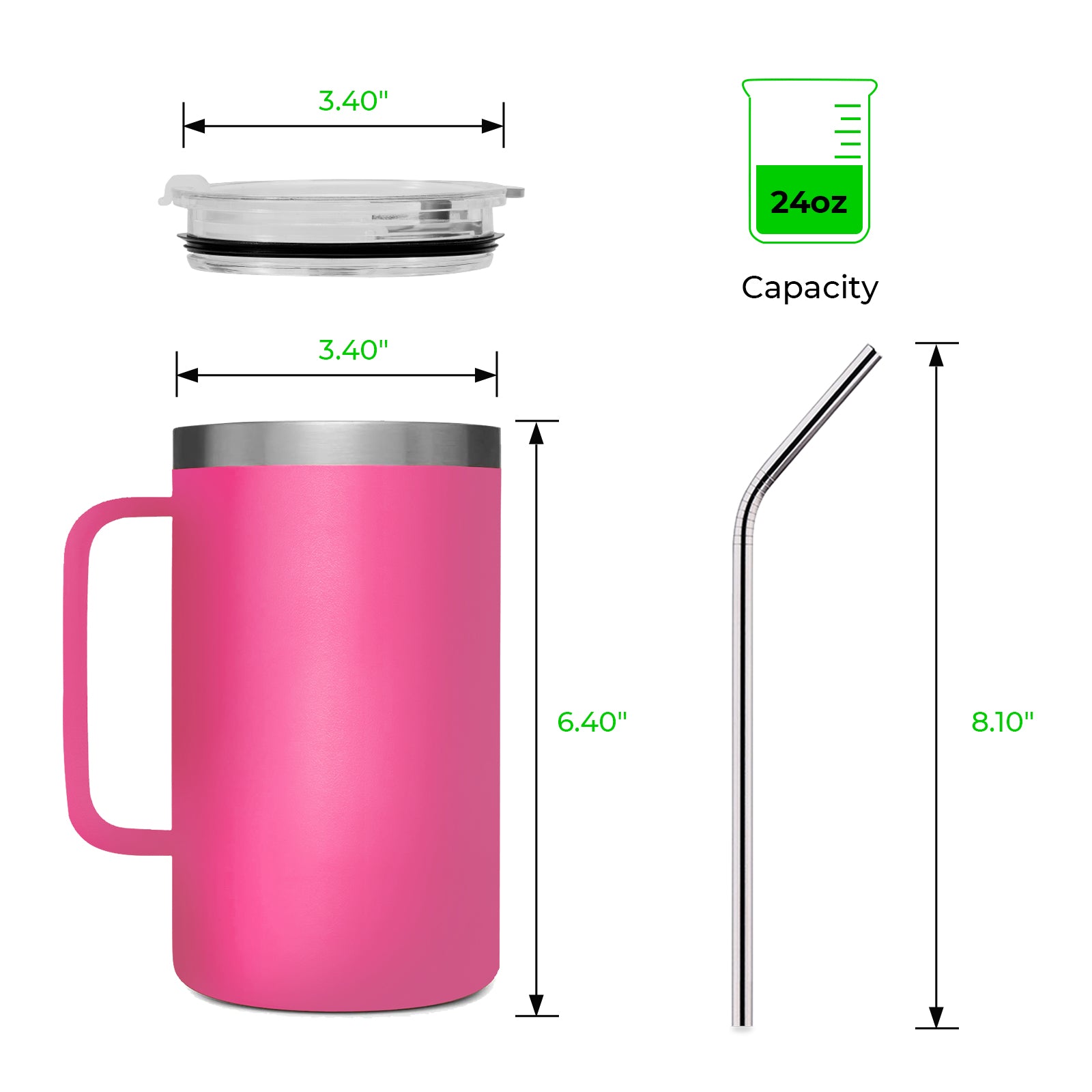 Bimini Pink Stainless Steel Tumbler with Handle (24oz)