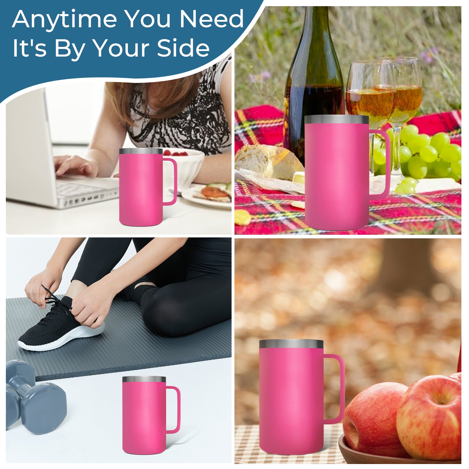 Bimini Pink Stainless Steel Tumbler with Handle (24oz)