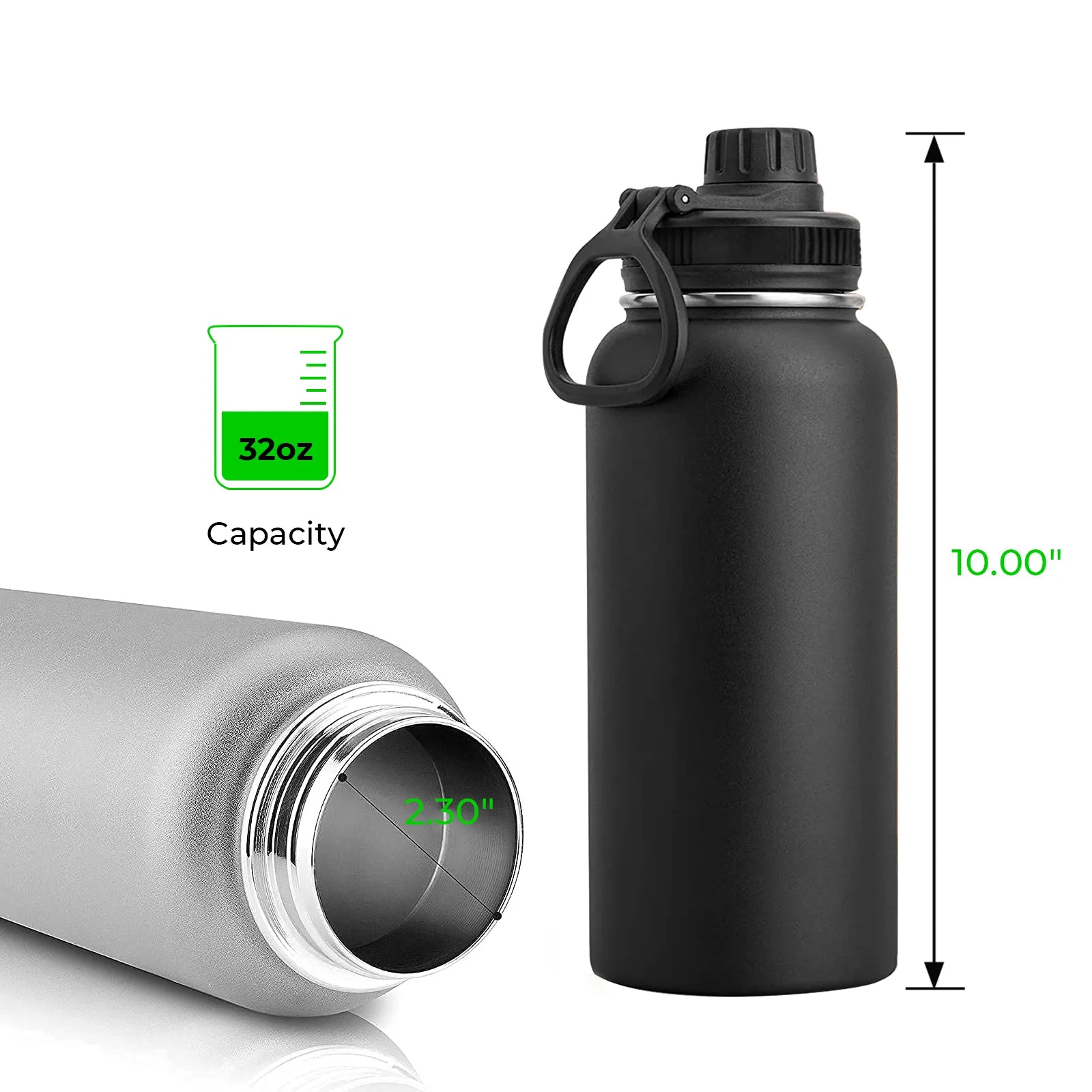 32oz Black Stainless Steel Insulated Water Bottle with Chug Cap