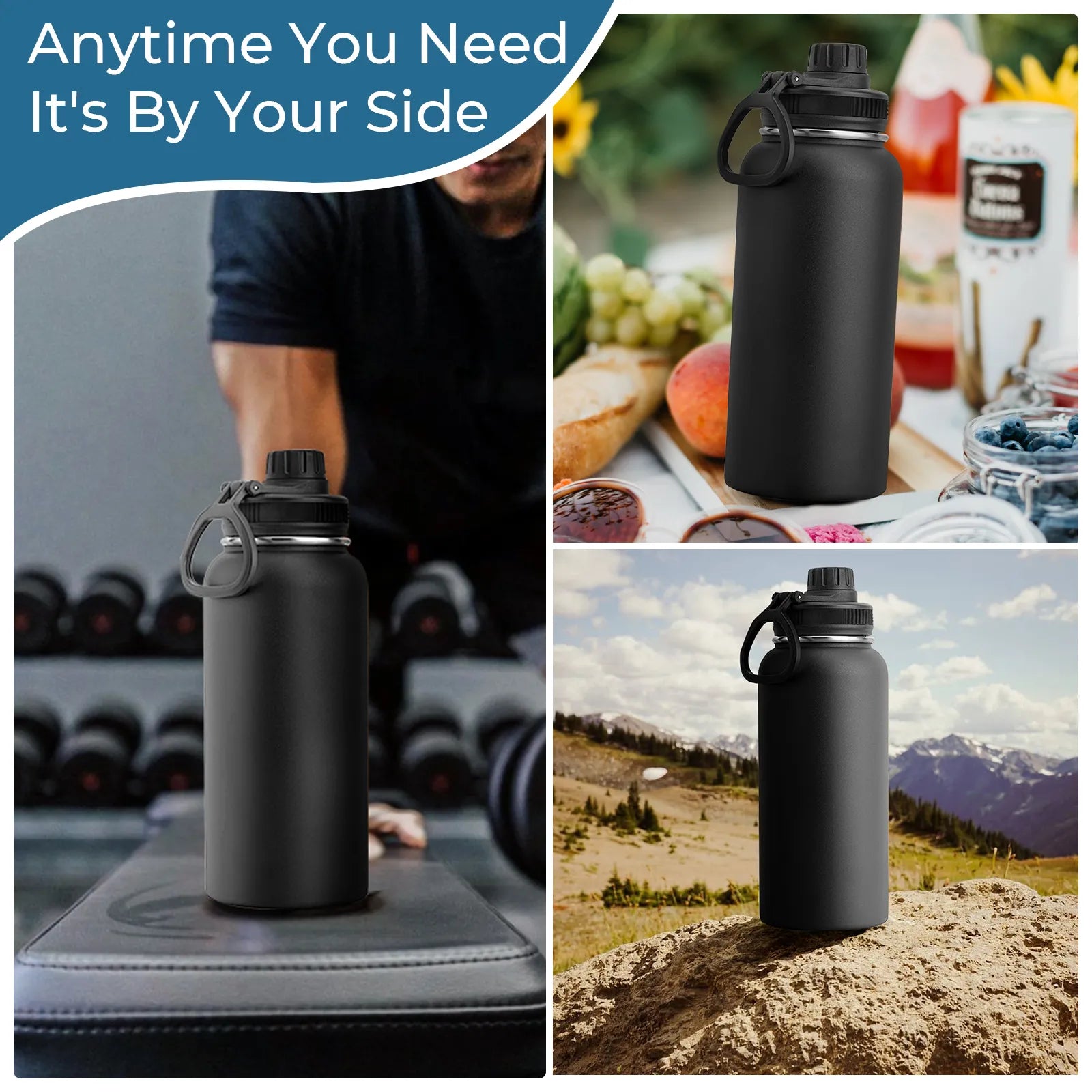32oz Black Stainless Steel Insulated Water Bottle with Chug Cap