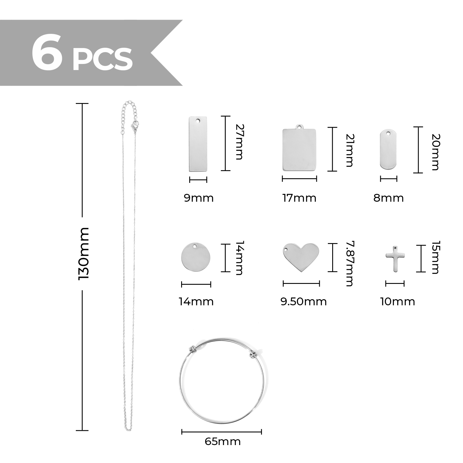 Silver Stainless Steel Necklace Bracelet Tag DIY Set (6pcs)
