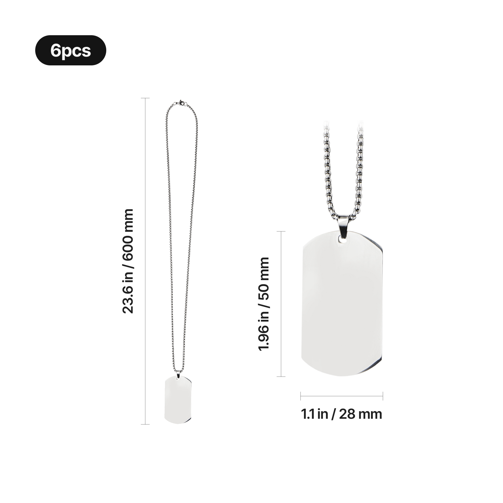 Silver Stainless Steel Military Pendant Necklace (6pcs)
