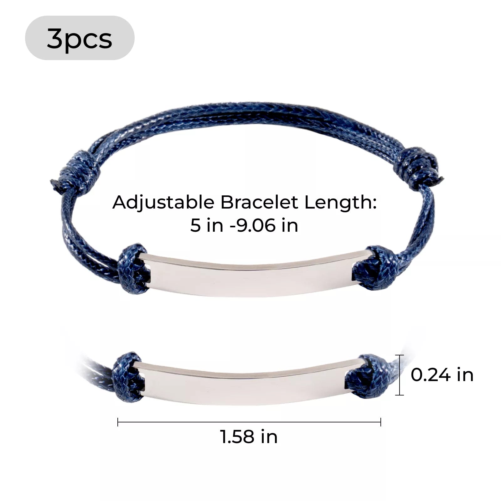 Silver Rectangular Tag Cord Bracelet (3pcs)