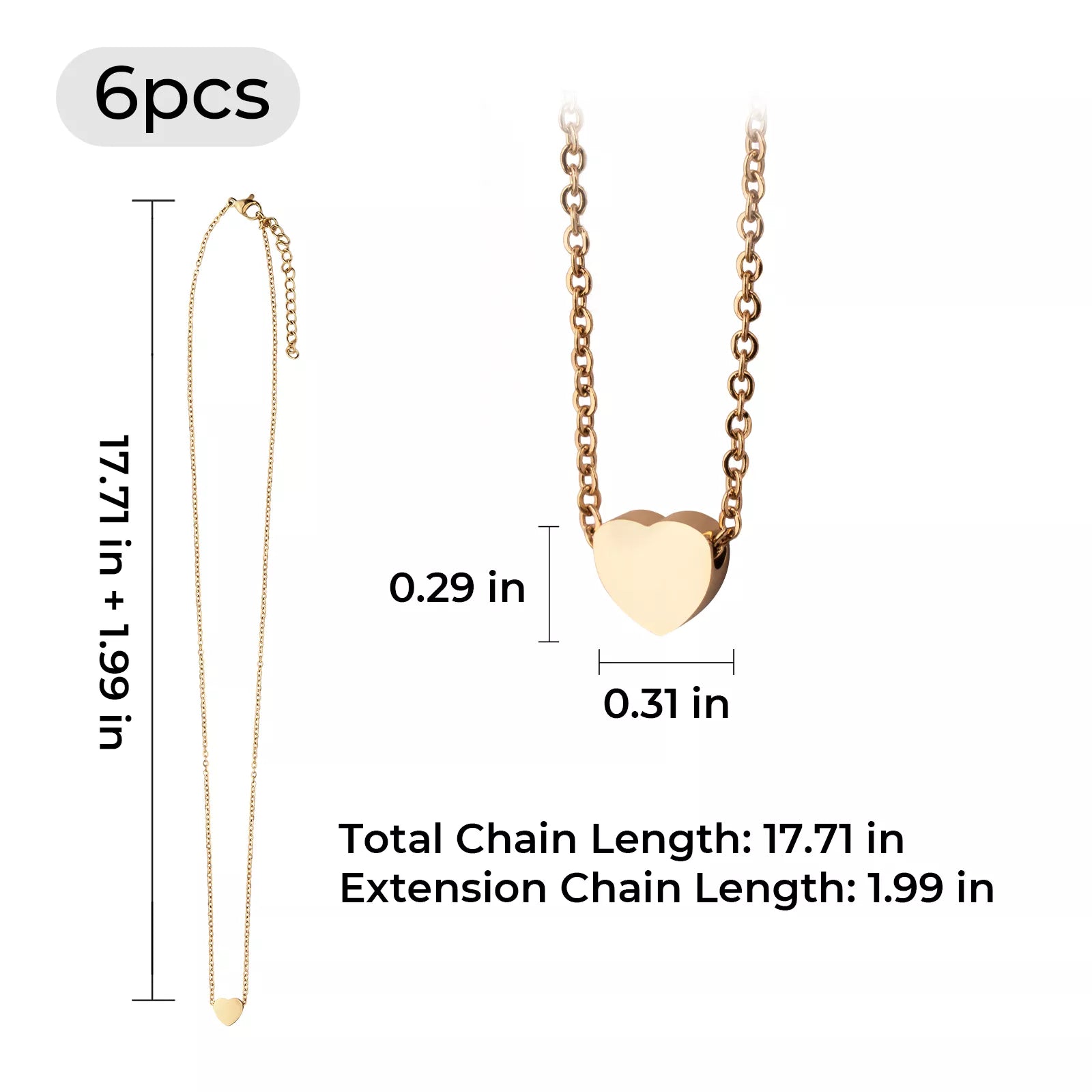 Stainless Steel Heart Necklace (6pcs)