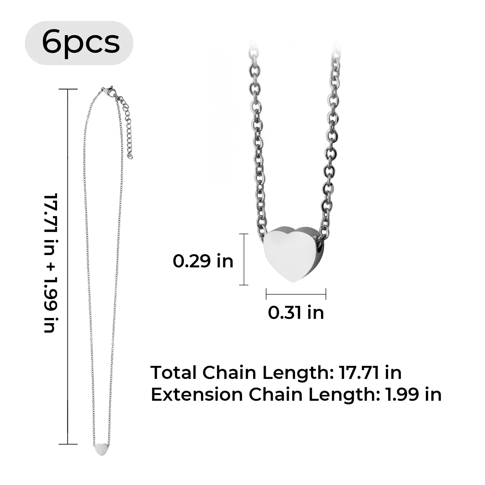 Stainless Steel Heart Necklace (6pcs)