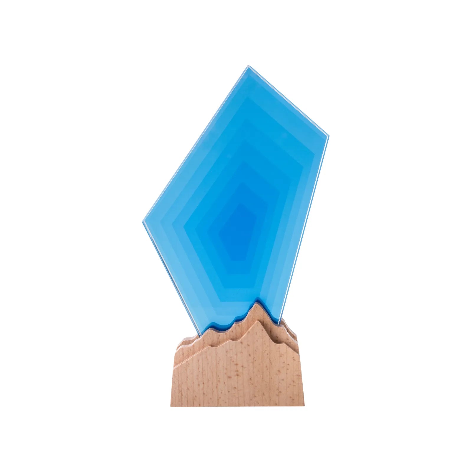 Blue geometric crystal trophy with mountain shaped beechwood base 01
