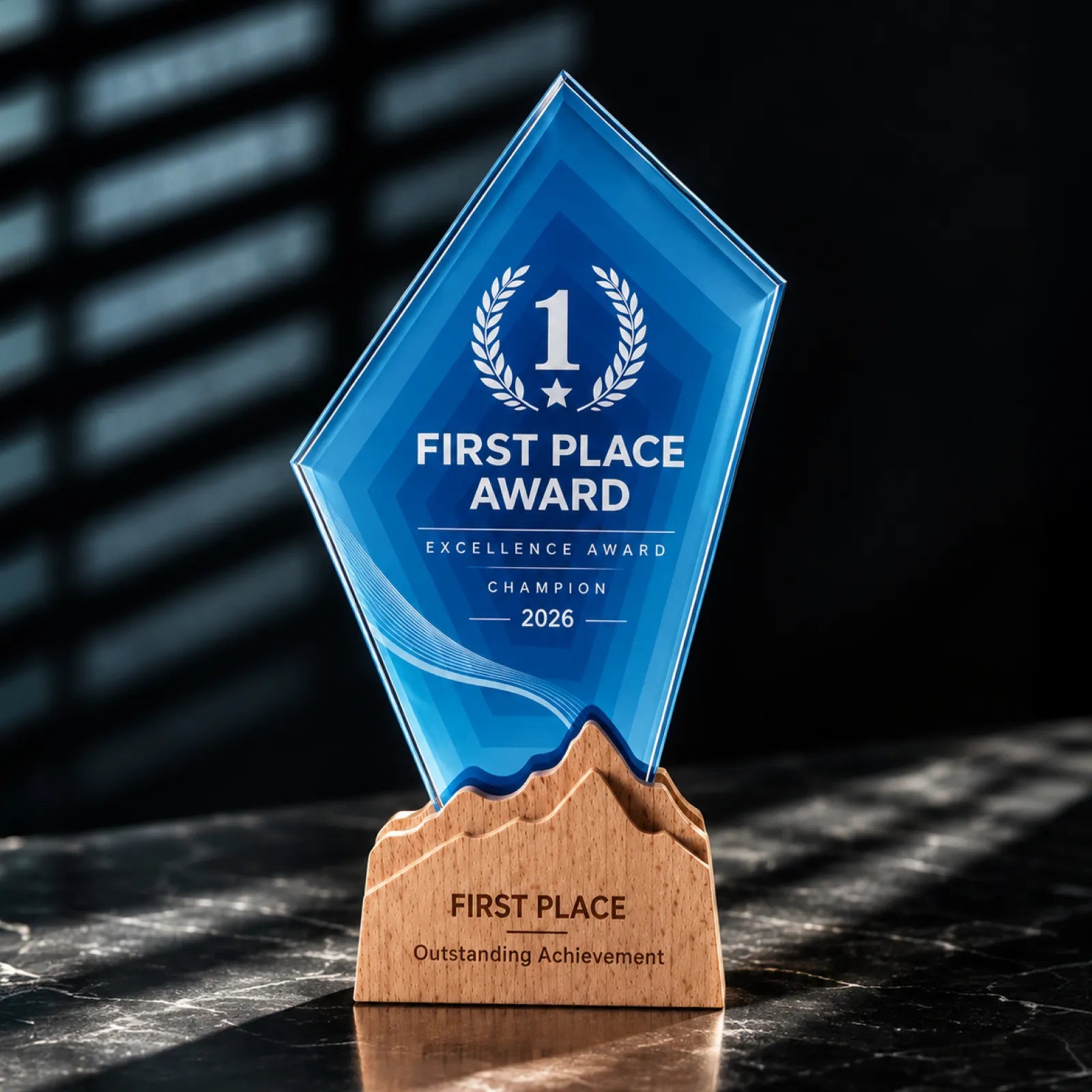 Blue geometric crystal trophy with mountain shaped beechwood base 04