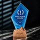 Blue Geometric Crystal Trophy with Mountain-Shaped Beechwood Base