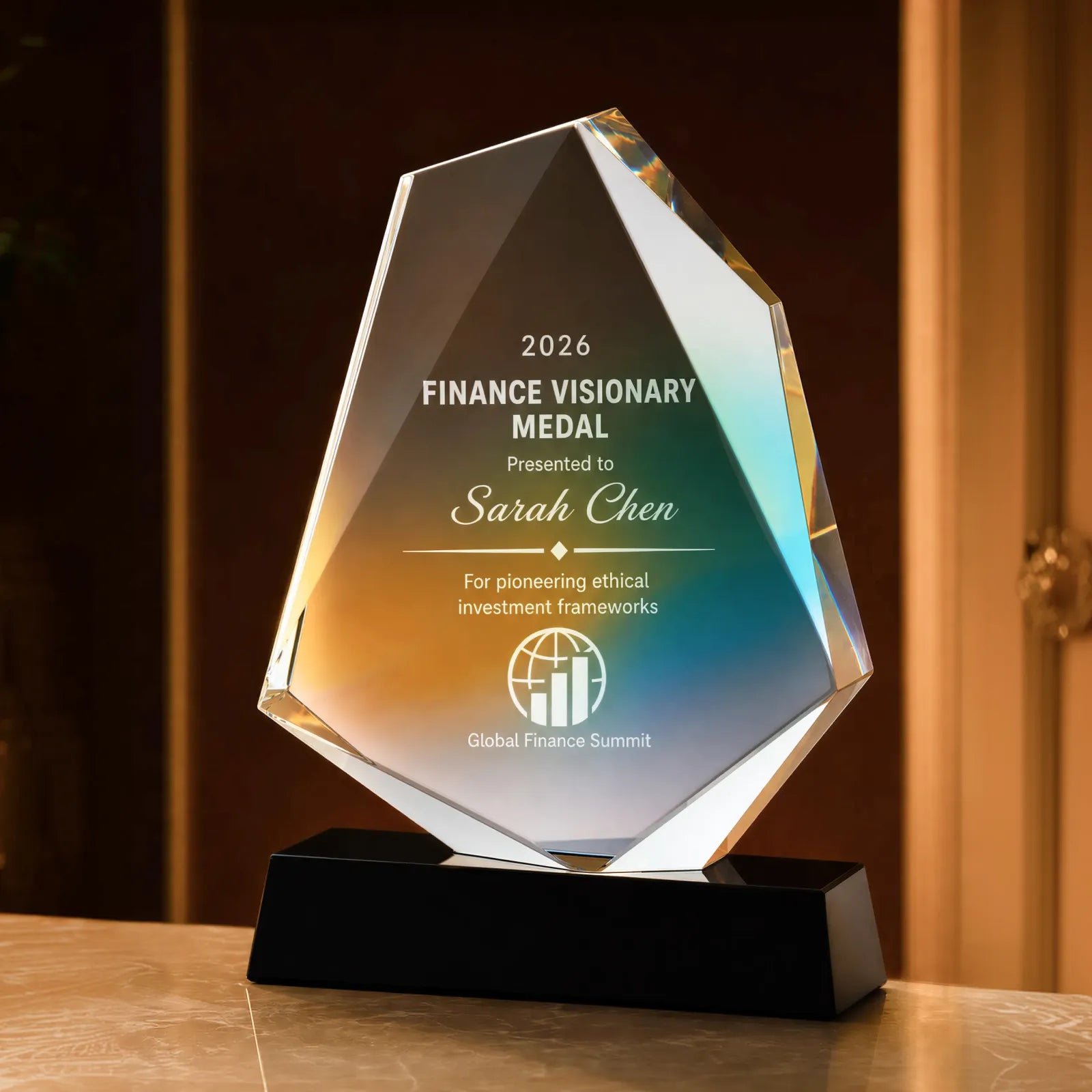 Colored geometric ultra clear crystal trophy with black walnut base 02