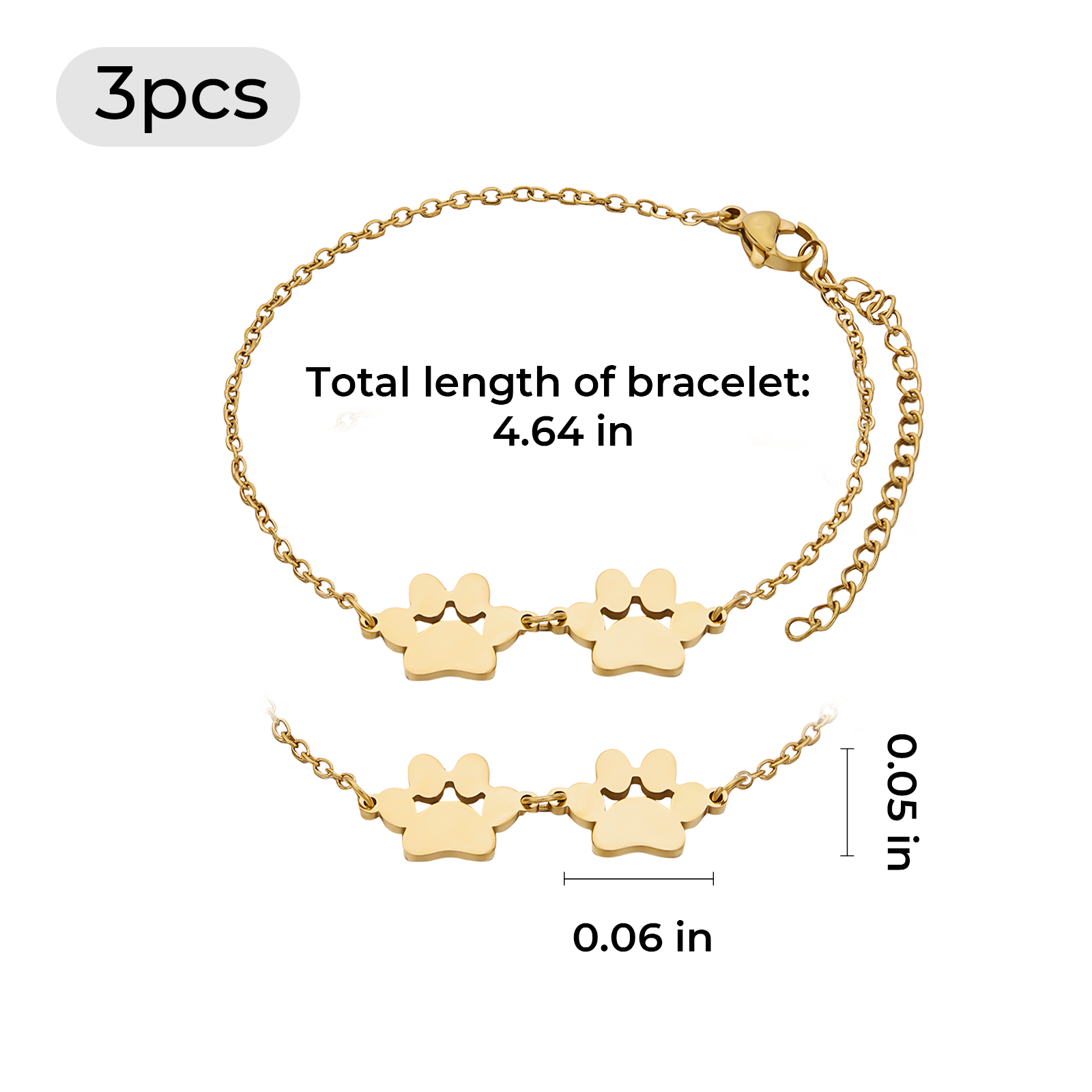 Gold Stainless Steel Dog Paw Bracelet (3pcs)
