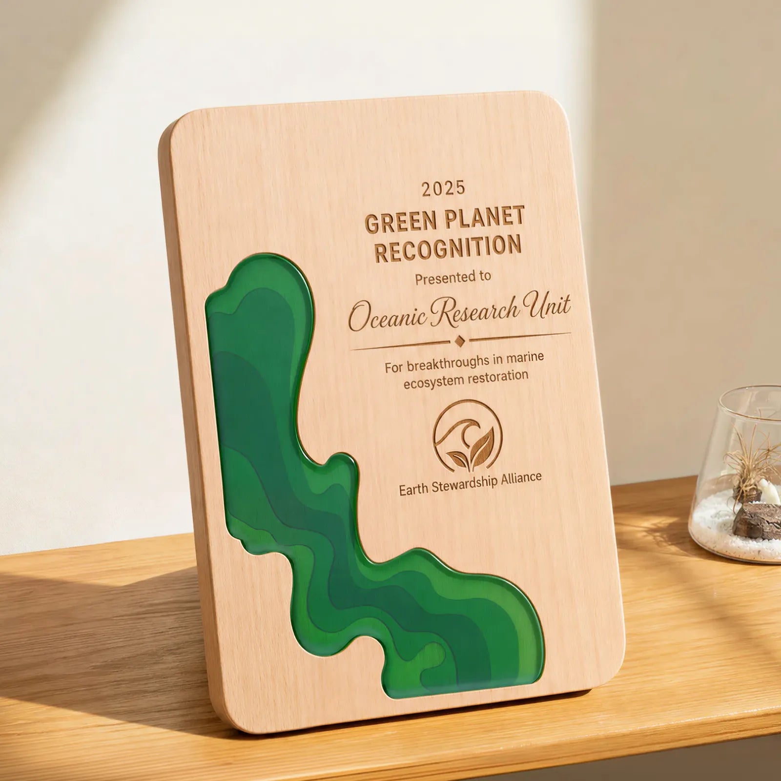 Green layered wooden award plaque 02