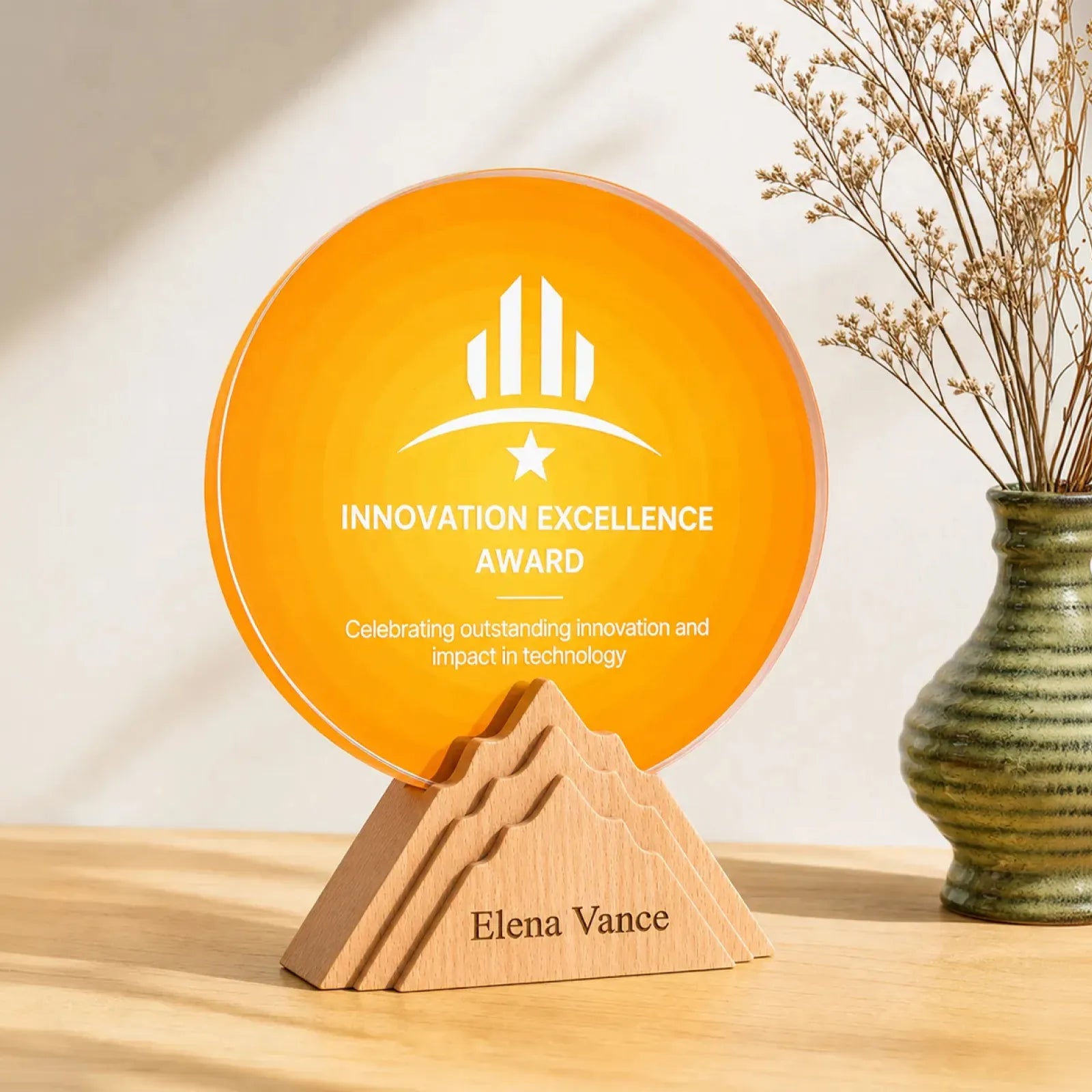 Orange round crystal trophy with beechwood base 02