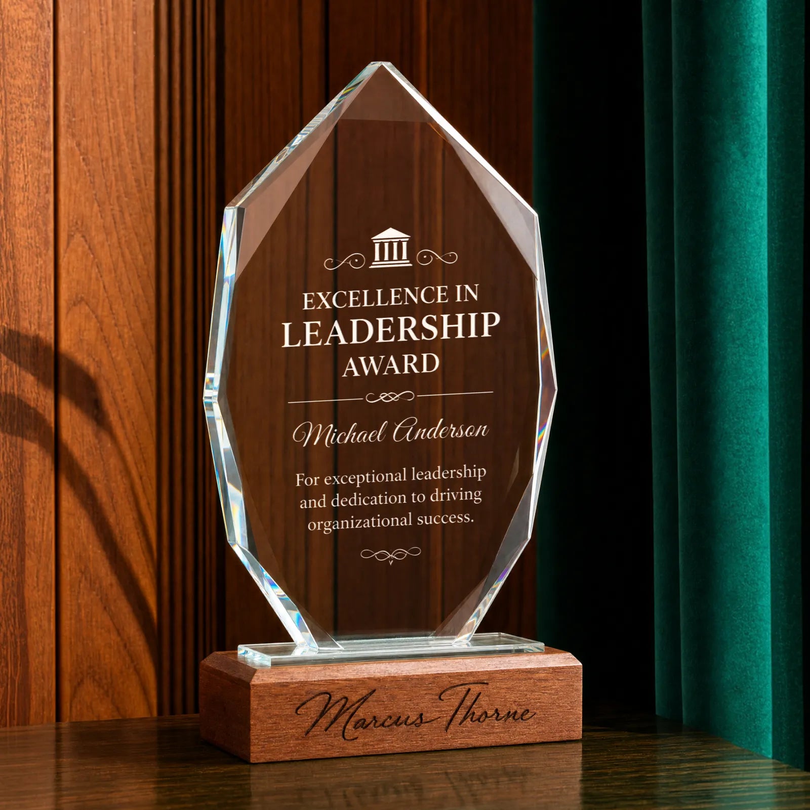 Polygonal ultra clear crystal trophy with black walnut base 01