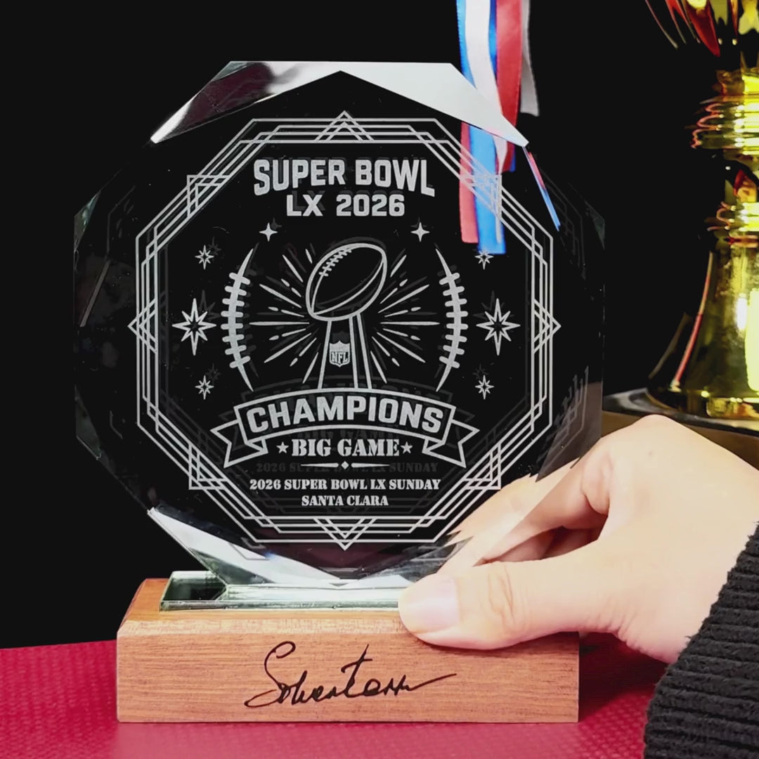 display of laser engraved crystal awards with Super Bowl Champions