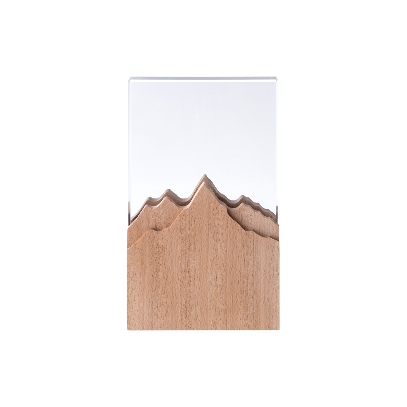 Rectangular ultra clear crystal trophy with mountain shaped beechwood base 02