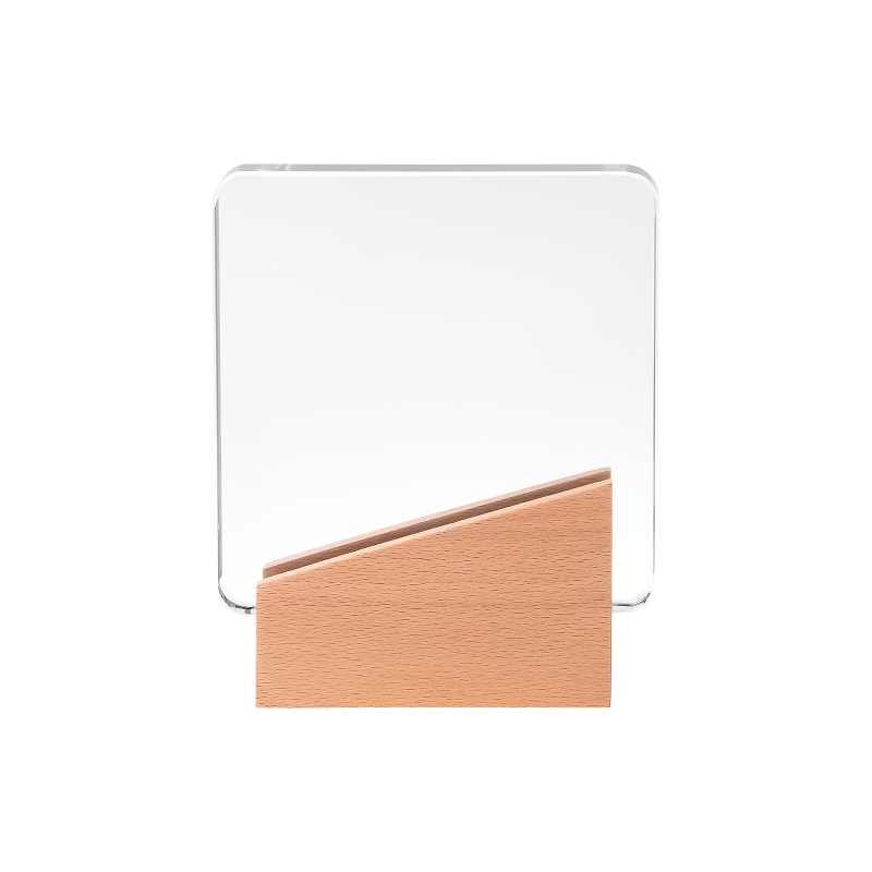 Rectangular ultra clear crystal trophy with trapezoidal beechwood base 02
