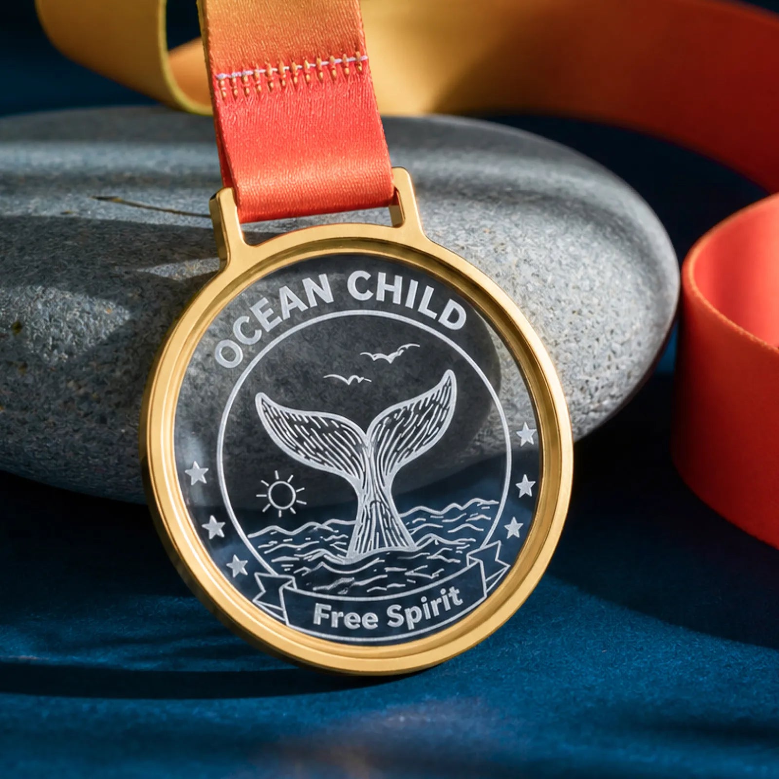 Round ultra clear crystal medal with gold frame 02