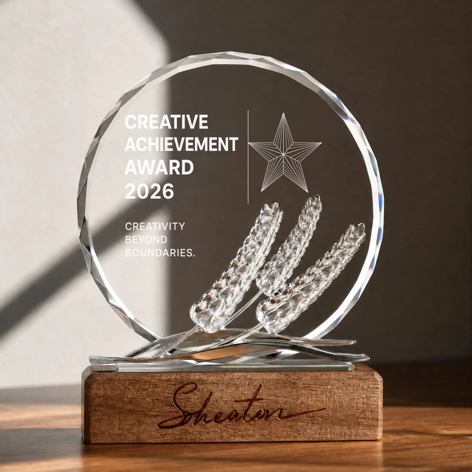 Round ultra clear crystal trophy with black walnut base 03