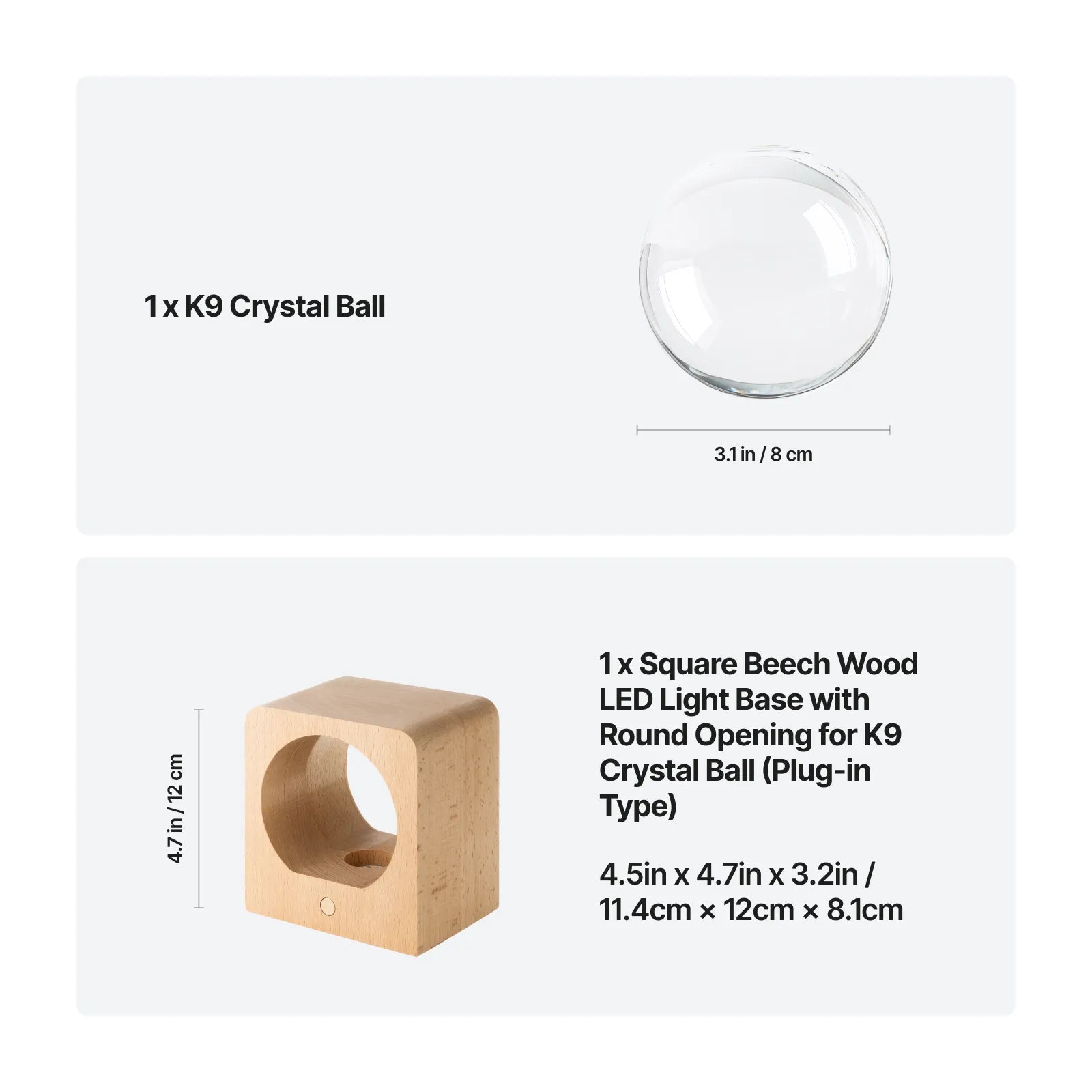 Square beech wood lde light base with round opening for k9 crystal ball 0