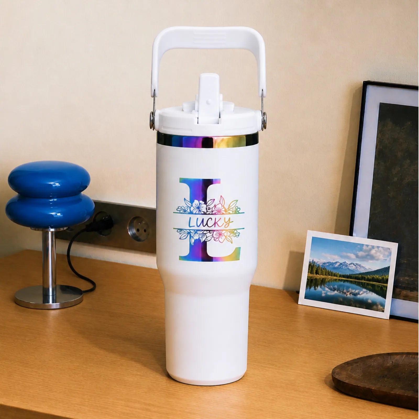 Stainless steel tumbler with handle and straw 30oz 16