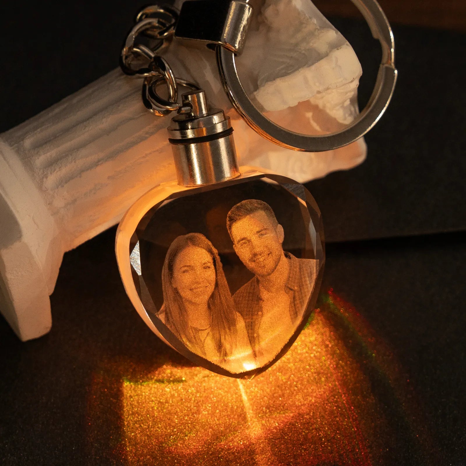 3d photo engraved on heart shaped crystal keychain