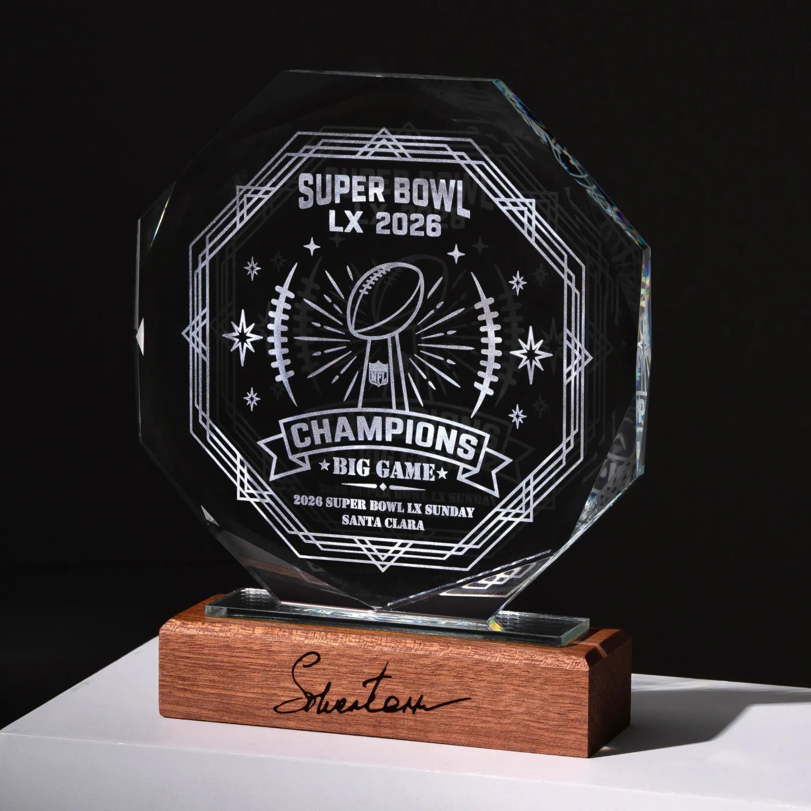 laser engraved crystal awards with Super Bowl Champions