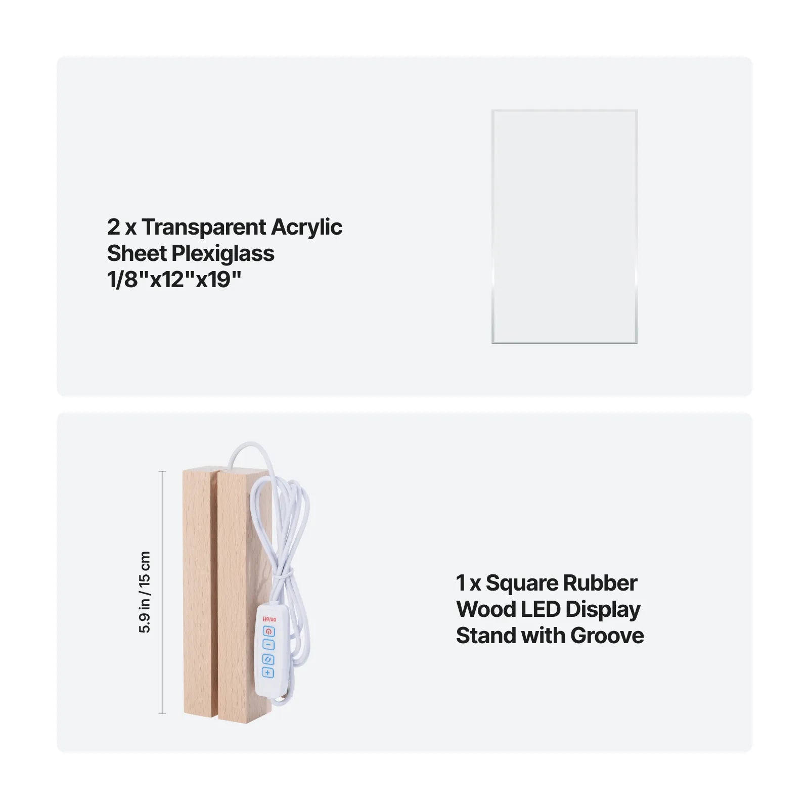Transparent acrylic sheets and rechargeable square rubber wood LED light base