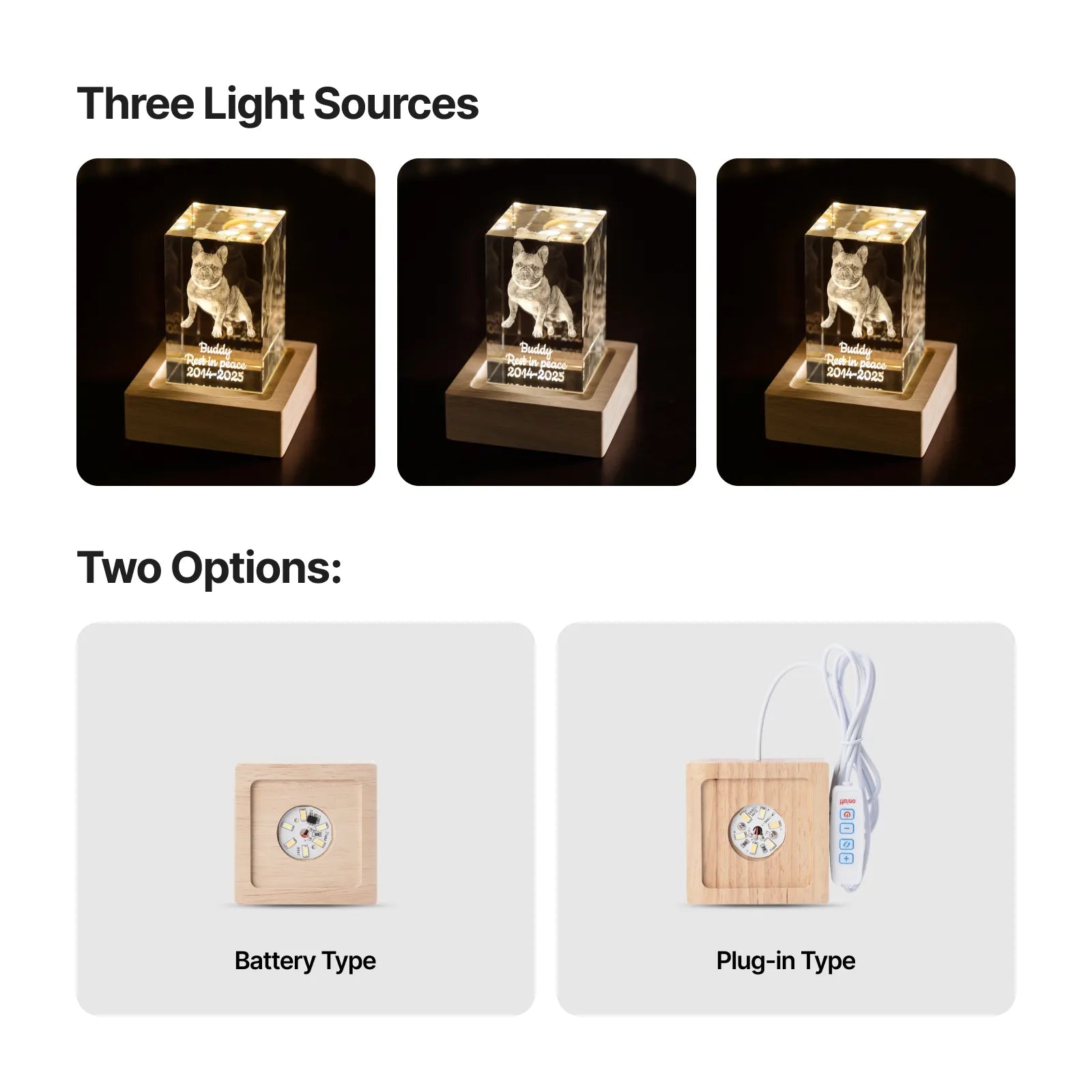 Light source with three light settings and two types of power options displayed 2